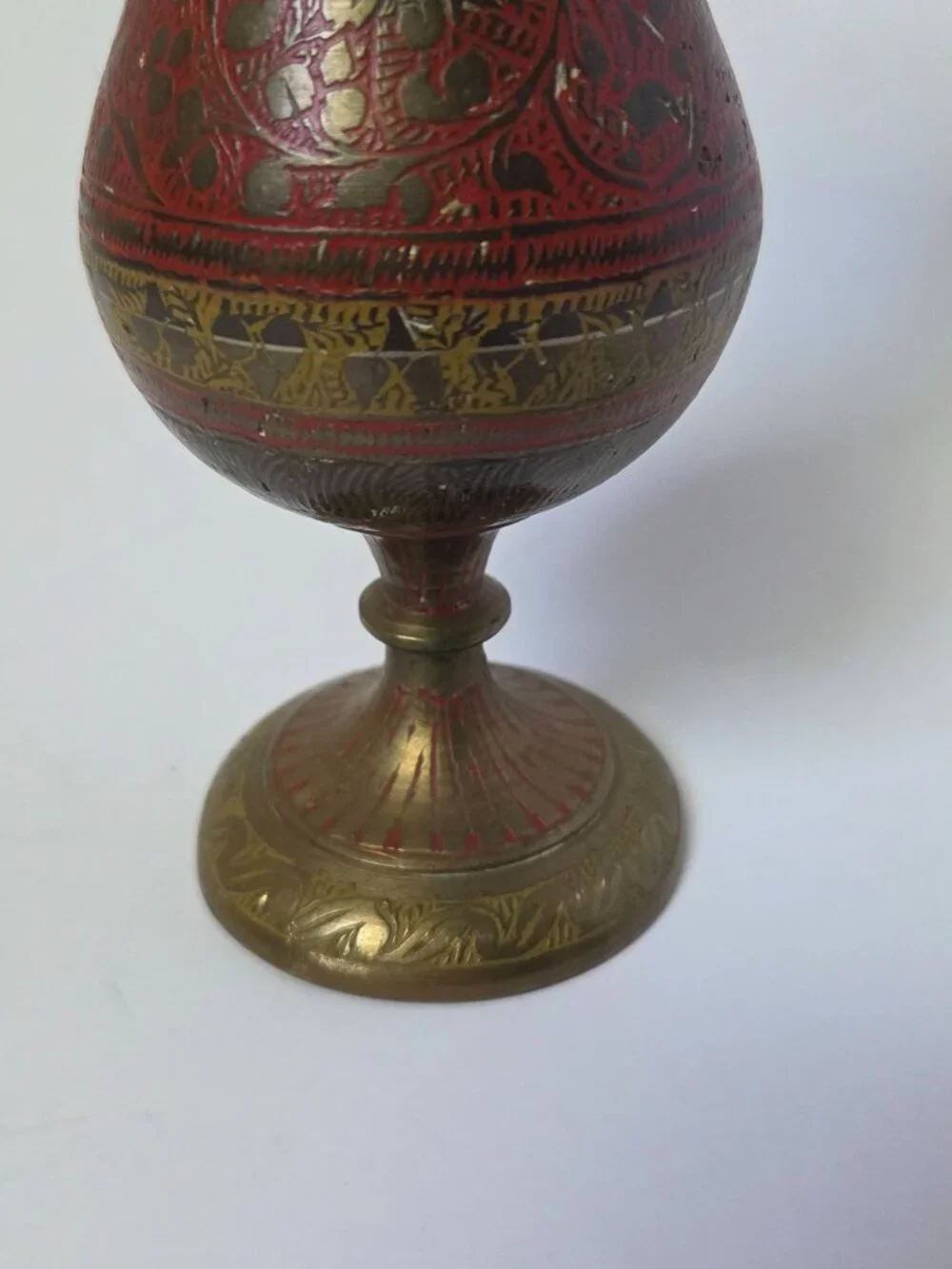 Vintage Enameled Brass Peacock Vase Made in India Hand Etched Red Pedestal Bud